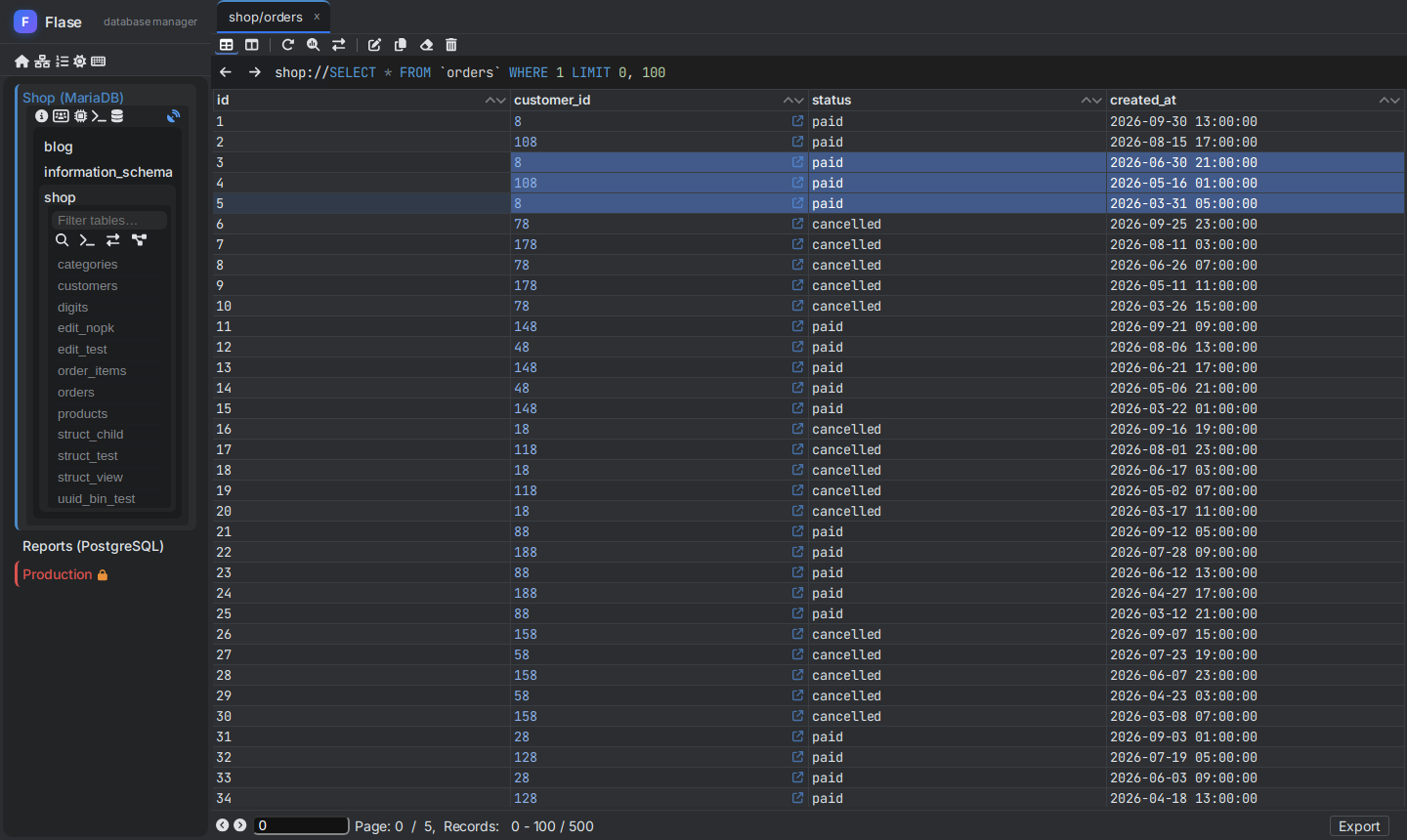 Flase data grid with inline editing, filters and tabs of a MySQL table